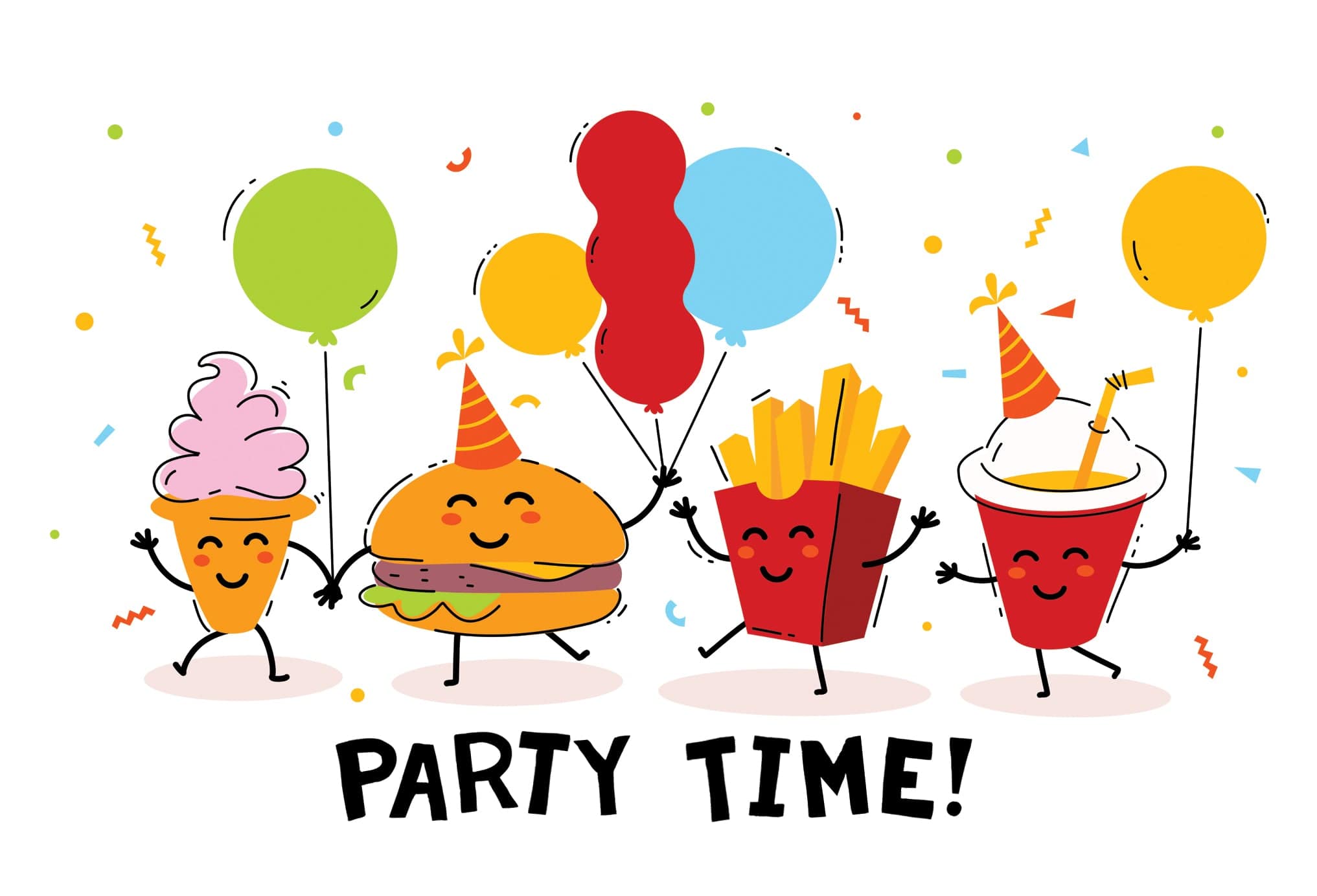 Pictura Party Foods birthday card featuring colorful illustrated party snacks and festive design for special celebrations.